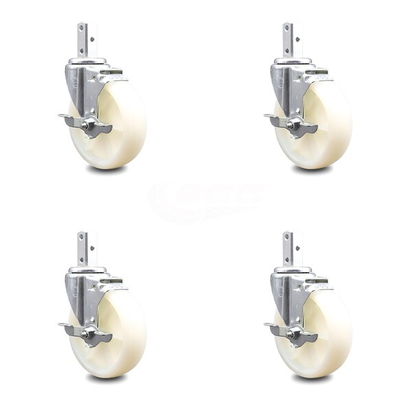 5 Inch Nylon Wheel Swivel 3/4 Inch Square Stem Caster Set with Brake SCC